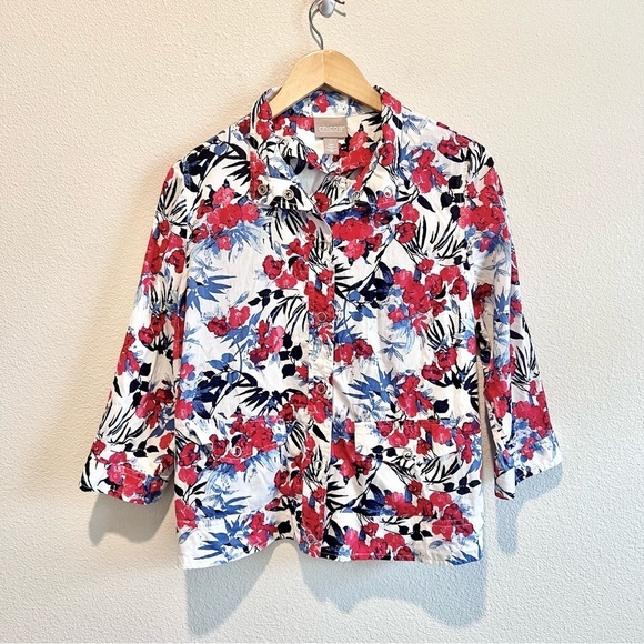 CHICO'S Women Thin Comfy Cotton Collar Neck Blouse Pocket Floral Sz 2 US Medium - Picture 1 of 9